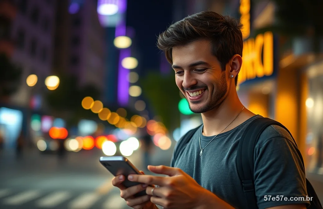Jovem brasileiro na rua à noite com luzes roxas e douradas olhando o celular