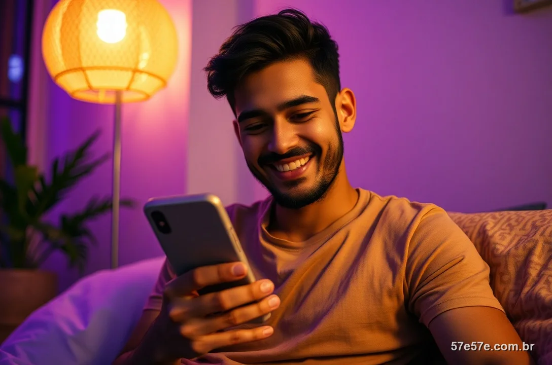 Homem brasileiro satisfeito olhando o celular com um pagamento recebido, à noite com luz roxa