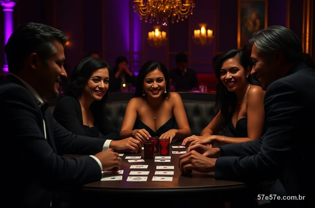 Pessoas elegantes jogando cartas numa mesa sofisticada à noite com luz roxa e dourada