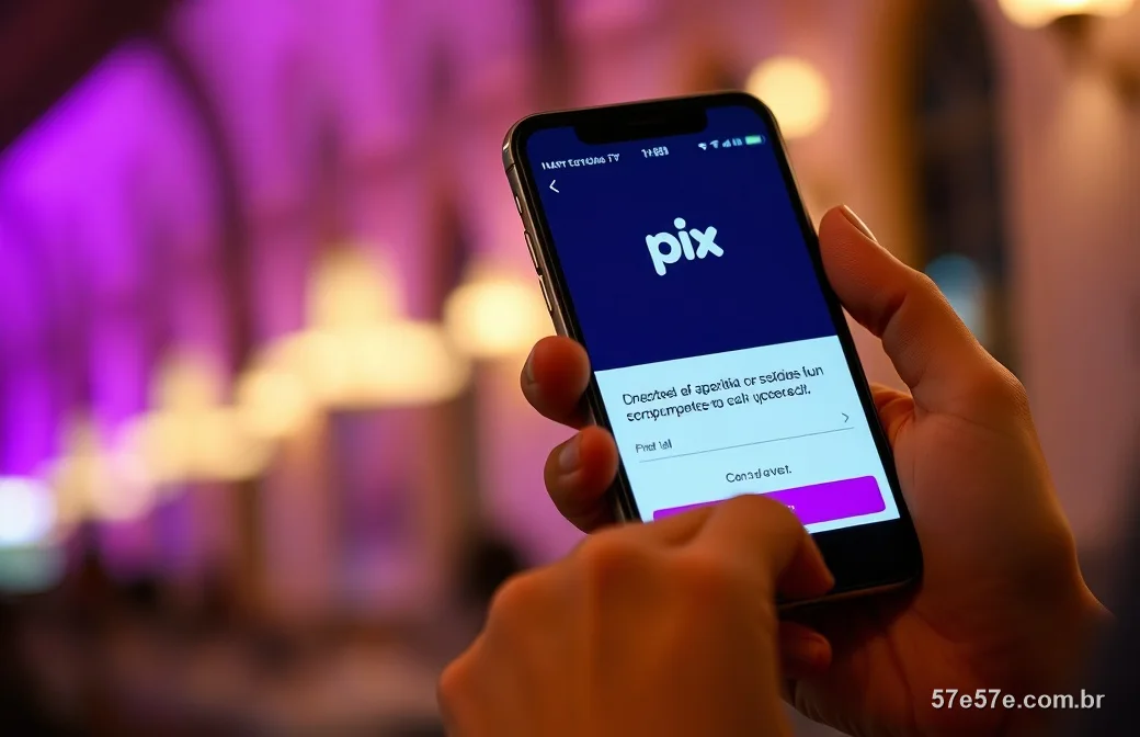 Mãos segurando o celular com a confirmação de um pagamento por PIX à noite