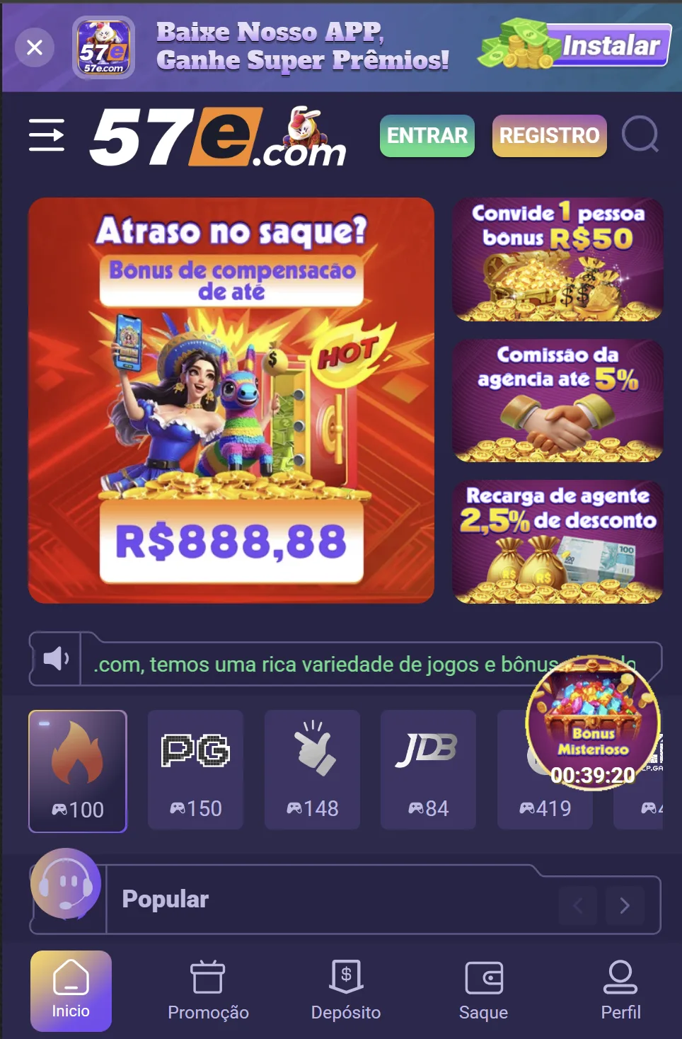 Tela inicial do app oficial 57E.com com o bônus de compensação