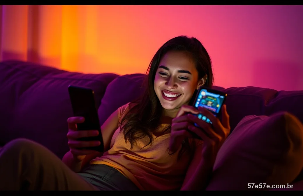 Jovem brasileira jogando caça-níquel no celular no sofá à noite com luz roxa e dourada